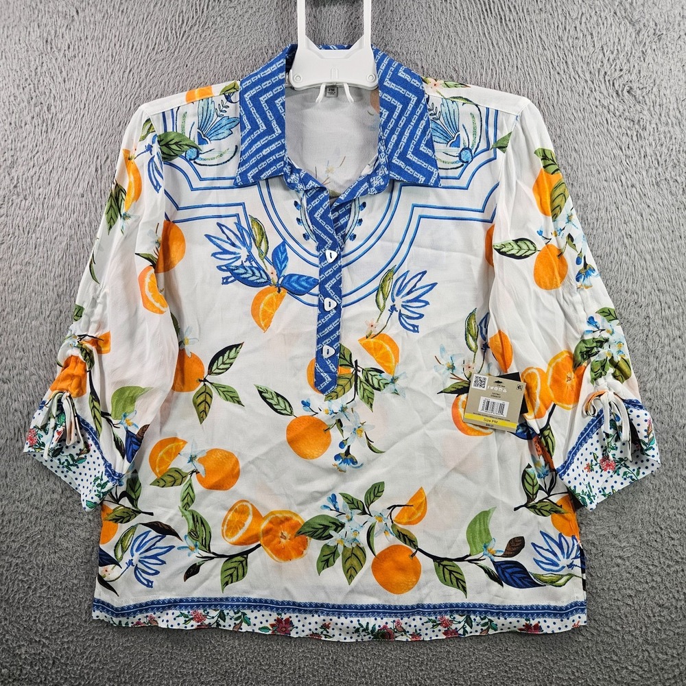 NEW John Mark Shirt Top Women Petite Medium Orange 1/2 Button‎ Colorful